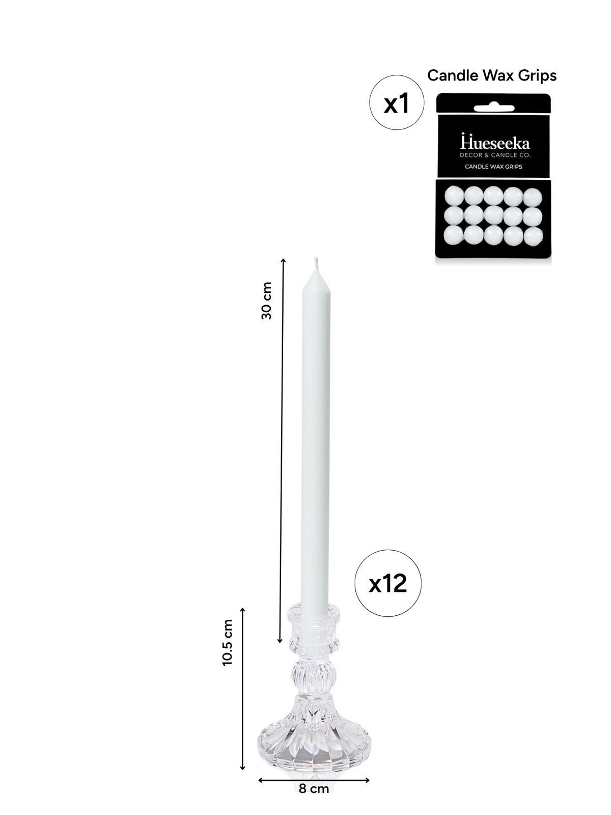 White 30cm Dinner Candles with Estelle Glass Holders - Set of 12 Pack of 12