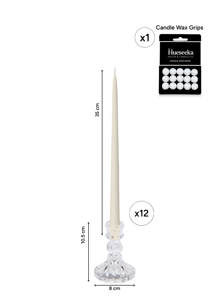 Ivory 35cm Taper Candles with Estelle Glass Holders - Set of 12 Pack of 12