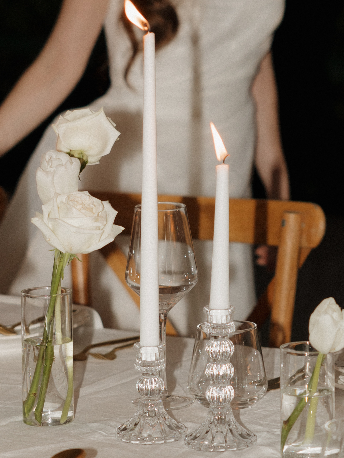 White 35cm Taper Candles with Estelle Glass Holders - Set of 12