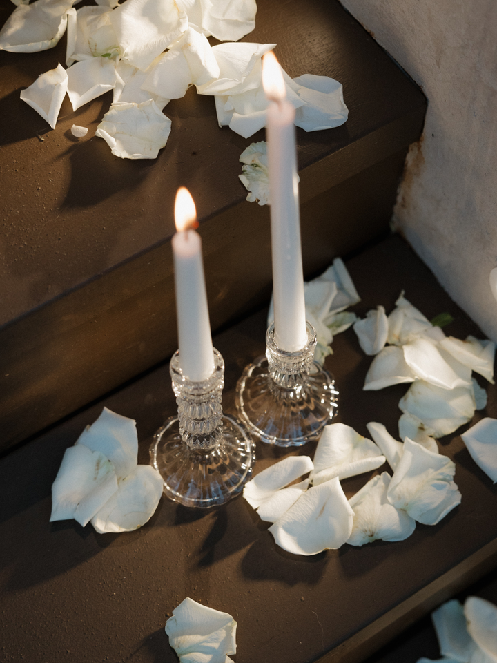 White 35cm Taper Candles with Estelle Glass Holders - Set of 12 Pack of 12