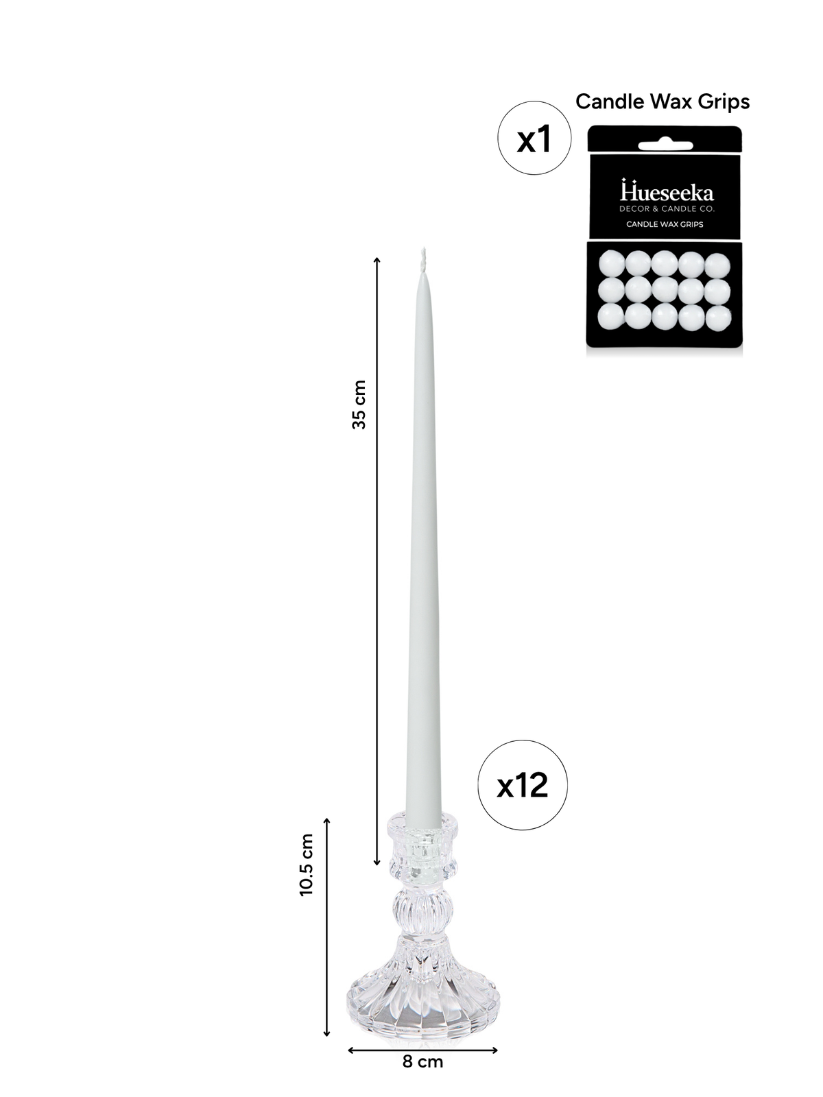 White 35cm Taper Candles with Estelle Glass Holders - Set of 12 Pack of 12