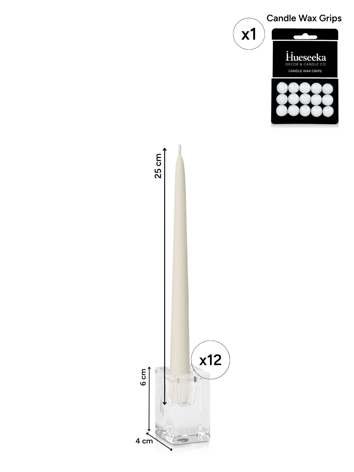Ivory 25cm Taper Candles with Medium Glass Holders - Set of 12 Pack of  12