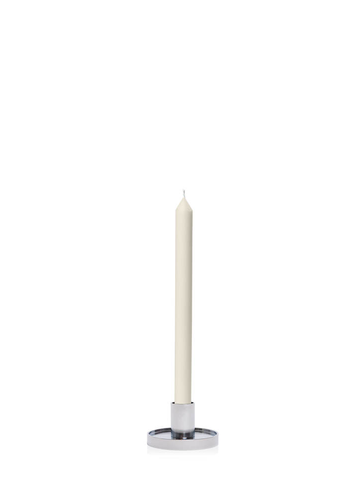 Ivory 30cm Dinner Candles with Small Silver Maya Metal Holders - Set of 12 Pack of 12
