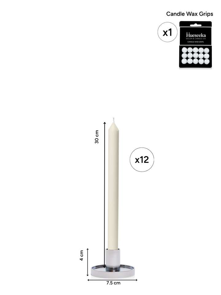 Ivory 30cm Dinner Candles with Small Silver Maya Metal Holders - Set of 12 Pack of 12