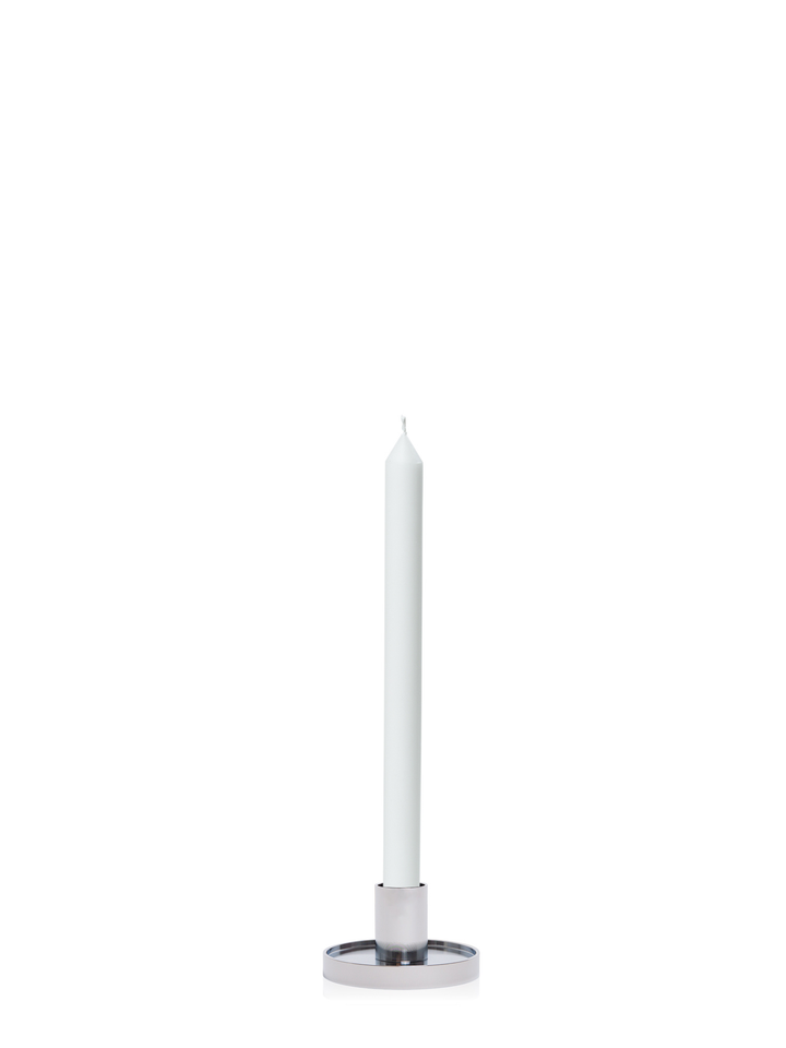 White 30cm Dinner Candles with Small Silver Maya Metal Holders - Set of 12 Pack of 12