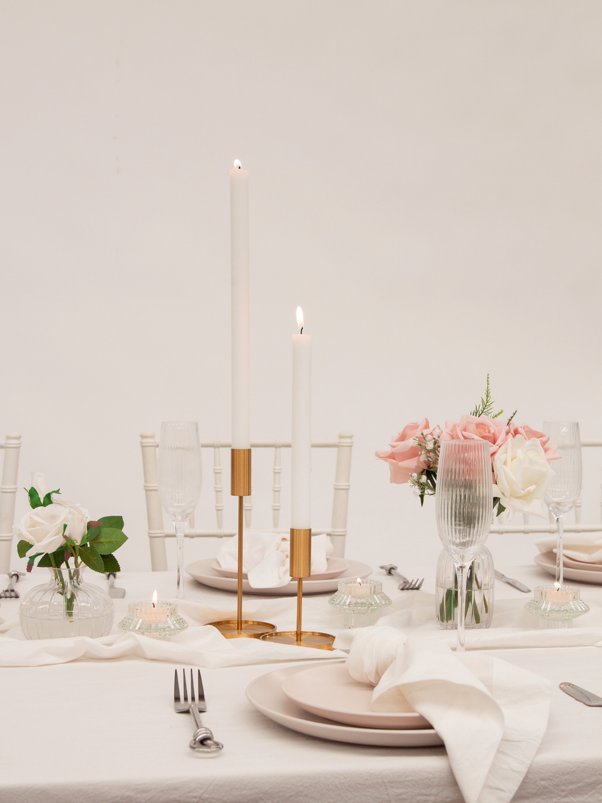 Antique Pink 30cm Dinner Candles with Gold Metal Holders Trio - Set of 4