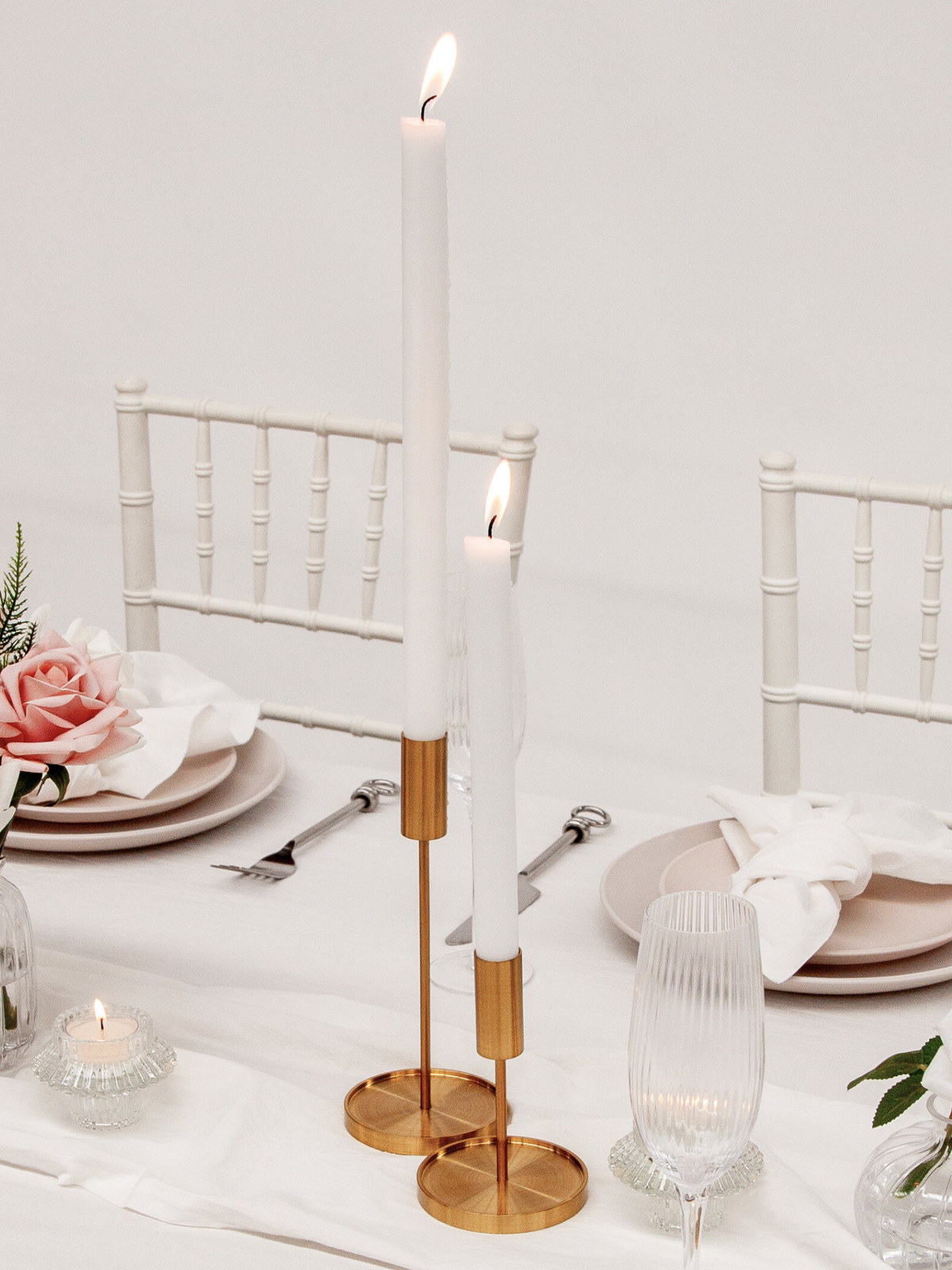 White 30cm Dinner Candles with Gold Metal Holders Trio - Set of 4
