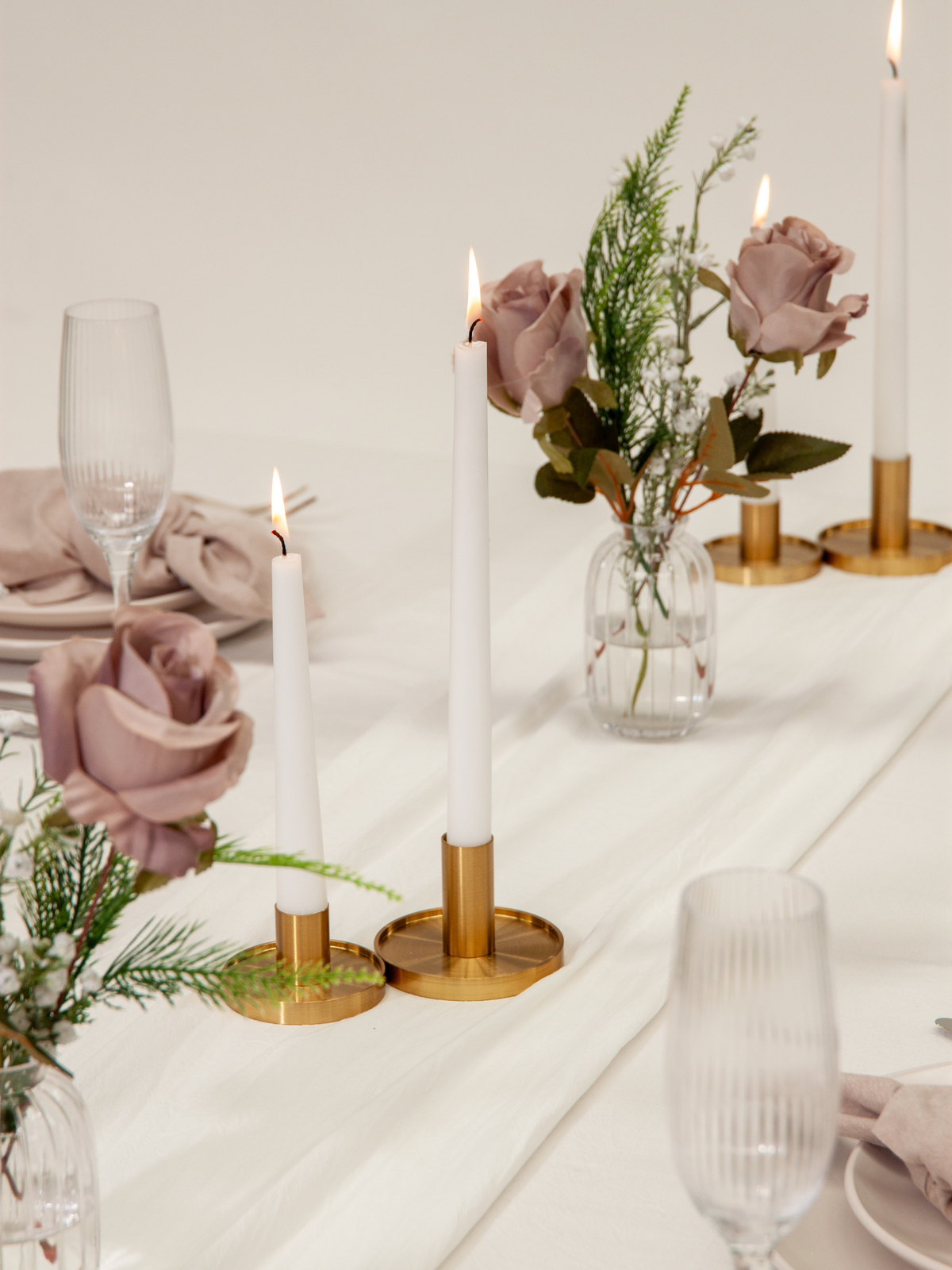 White 40cm Dinner Candles with Medium Gold Maya Metal Holders - Set of 12 Pack of 12