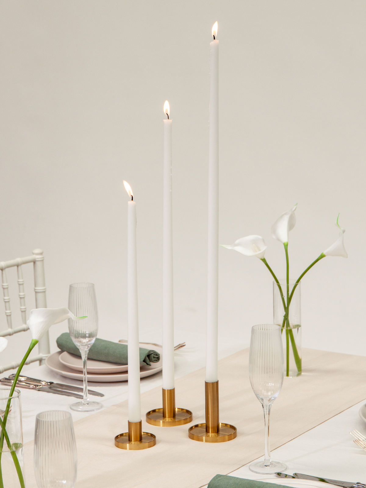White 55cm Taper Candles with Medium Gold Maya Metal Holders - Set of 6