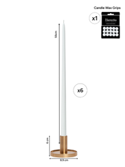 White 55cm Taper Candles with Medium Gold Maya Metal Holders - Set of 6 Pack of 6