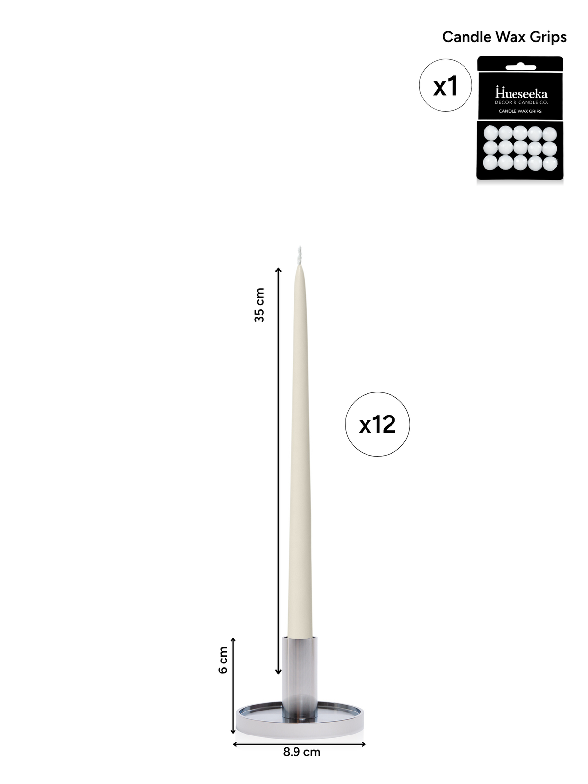 Ivory 35cm Taper Candles with Medium Silver Maya Metal Holders - Set of 12