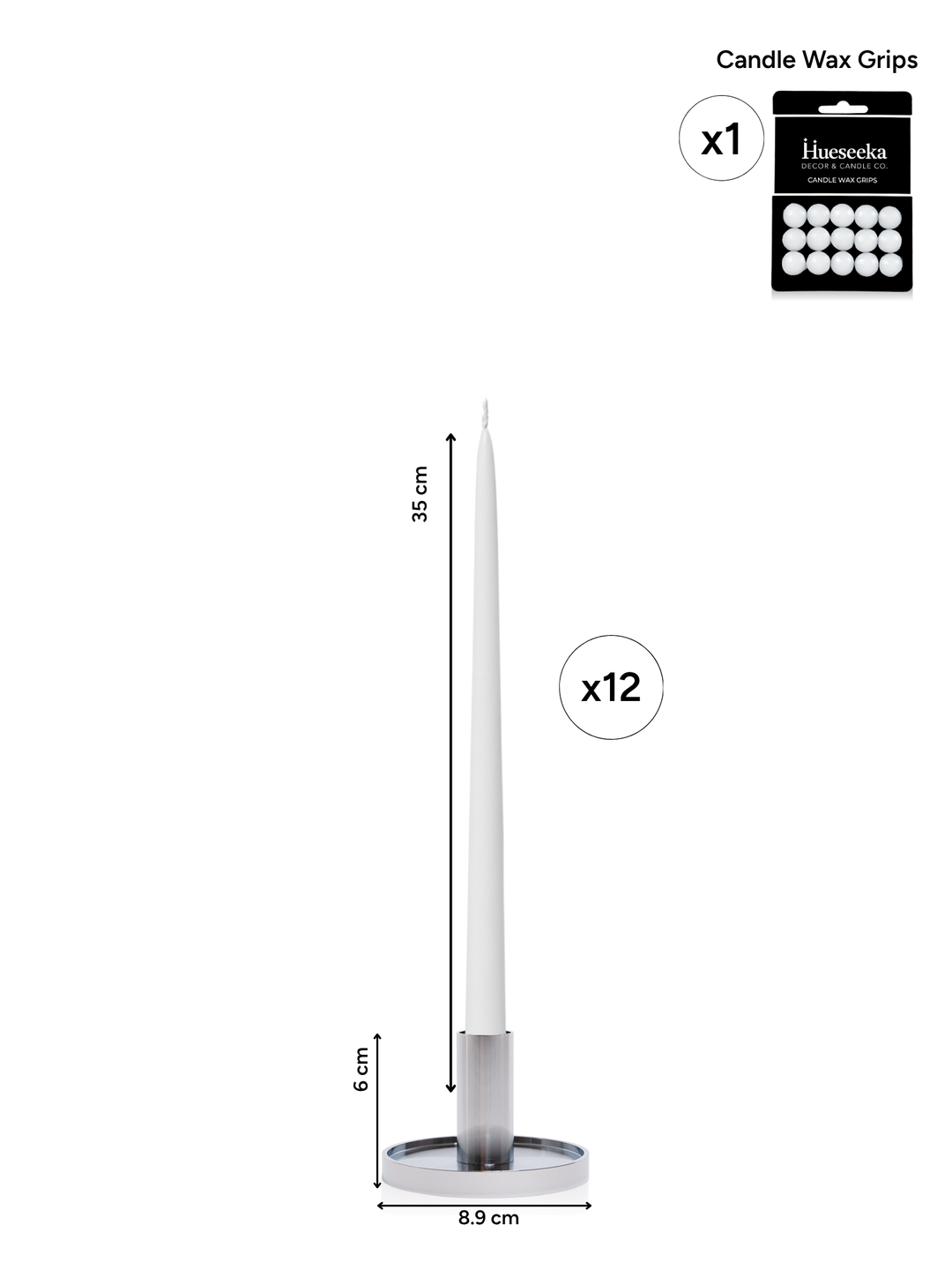 White 35cm Taper Candles with Medium Silver Maya Metal Holders - Set of 12 Pack of 12