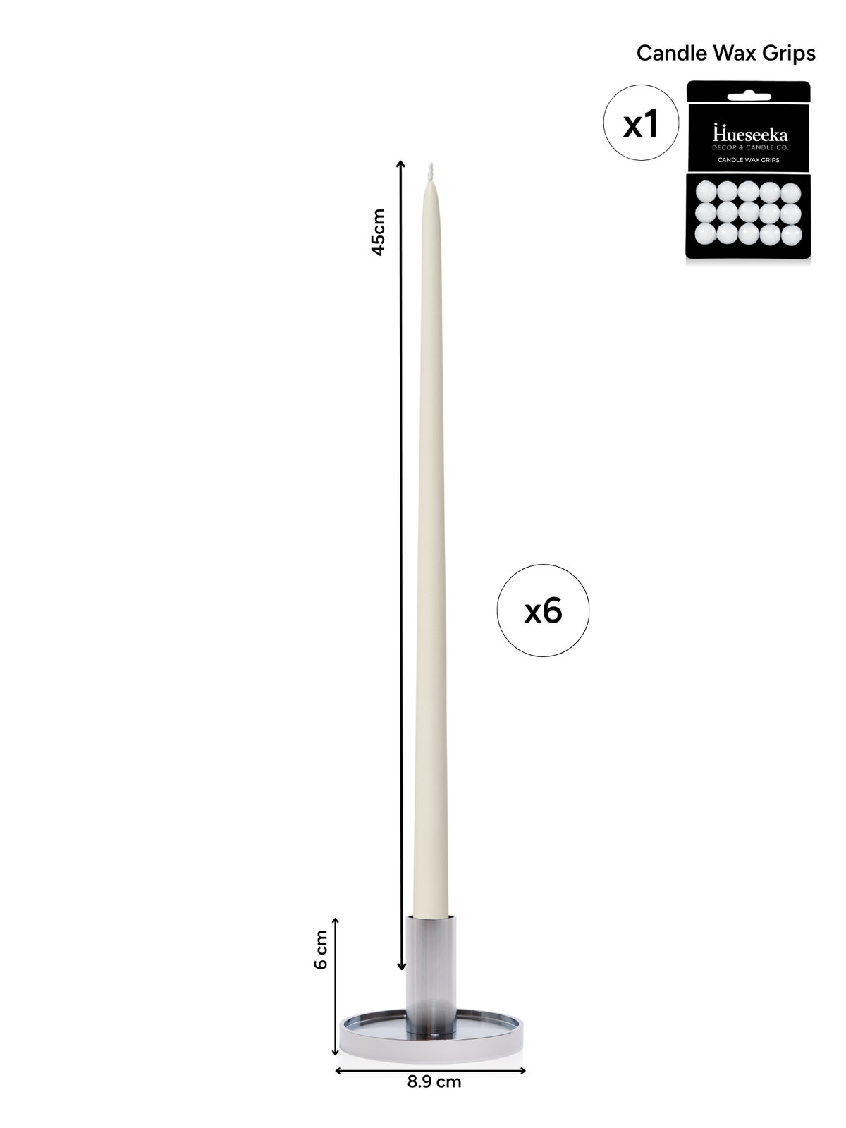Ivory 45cm Taper Candles with Medium Silver Maya Metal Holders - Set of 6 Pack of 6