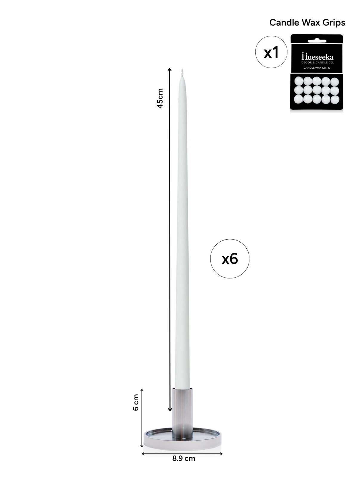 White 45cm Taper Candles with Medium Silver Maya Metal Holders - Set of 6