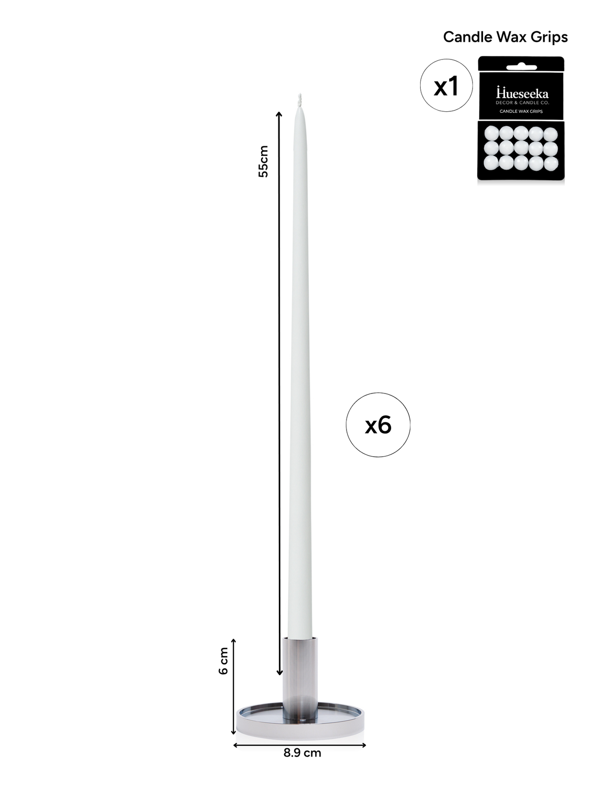 White 55cm Taper Candles with Medium Silver Maya Metal Holders - Set of 6