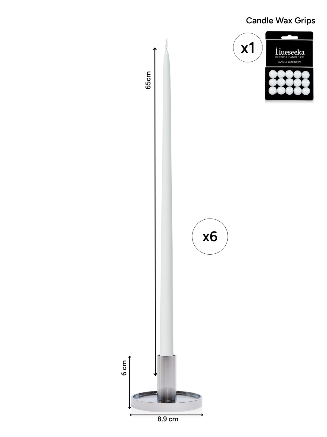 White 65cm Taper Candles with Medium Silver Maya Metal Holders - Set of 6 Pack of 6