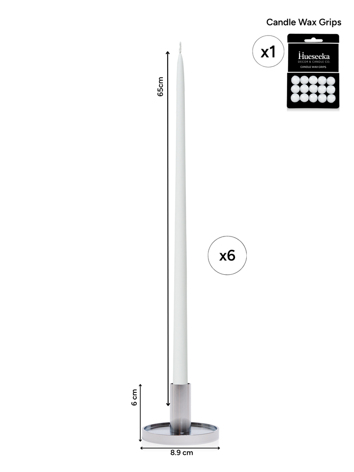 White 65cm Taper Candles with Medium Silver Maya Metal Holders - Set of 6 Pack of 6