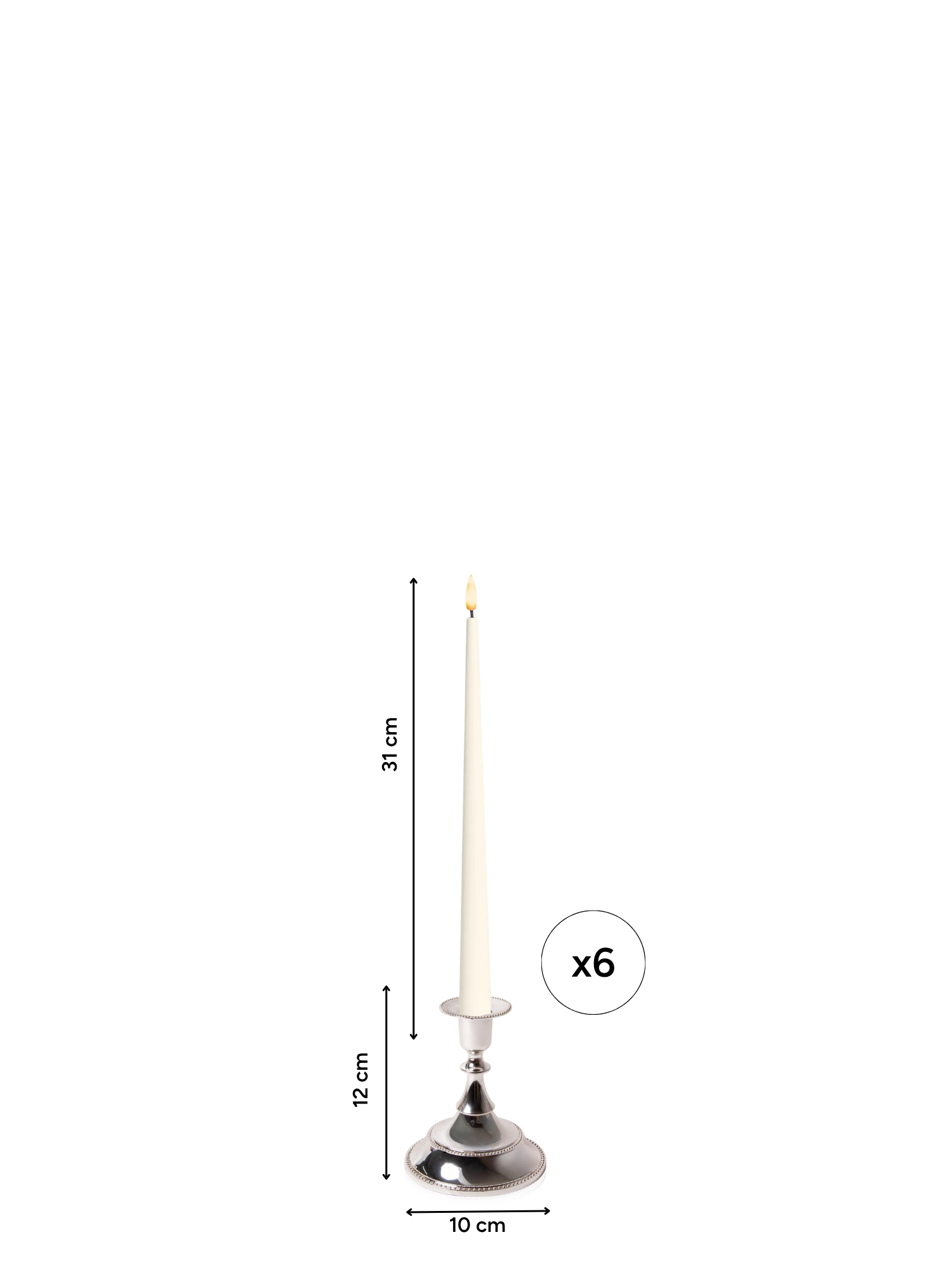 Ivory 31cm LED Taper Candles with Small Antique Silver Juliette Candle Holders - Set of 6