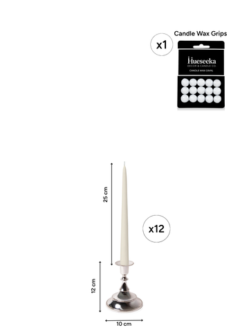 Ivory 25cm Taper Candles with Small Antique Silver Juliette Candle Holders - Set of 12 Pack of 12