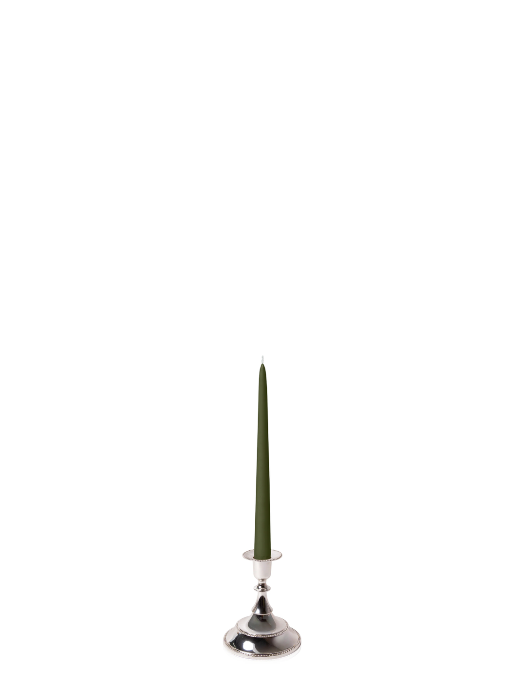 Olive 25cm Taper Candles with Small Antique Silver Juliette Candle Holders - Set of 12 Pack of 12