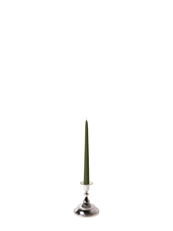 Olive 25cm Taper Candles with Small Antique Silver Juliette Candle Holders - Set of 12 Pack of 12