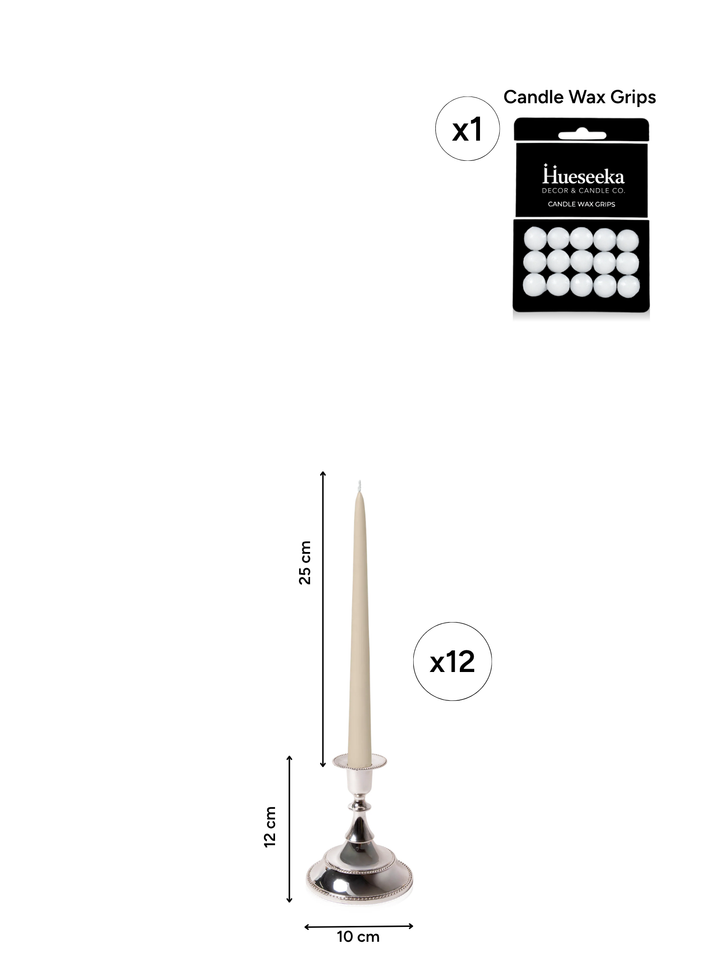 Sandstone 25cm Taper Candles with Small Antique Silver Juliette Candle Holders - Set of 12 Pack of 12