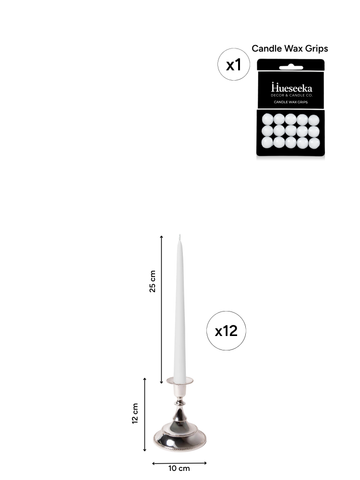 White 25cm Taper Candles with Small Antique Silver Juliette Candle Holders - Set of 12 Pack of 12
