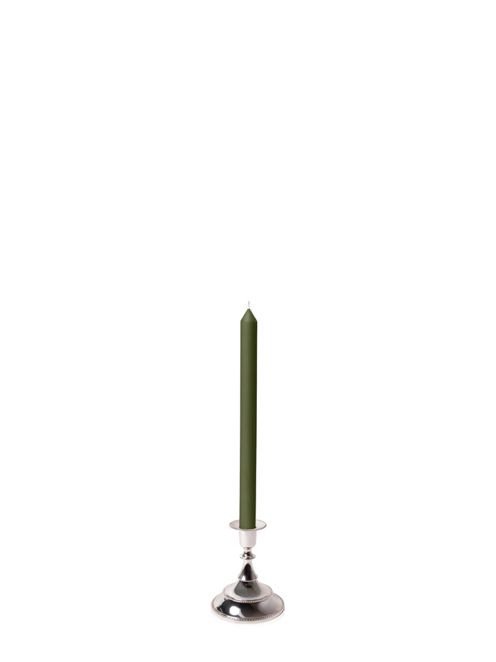 Olive 30cm Dinner Candles with Small Antique Silver Juliette Candle Holders - Set of 12 Pack of 12