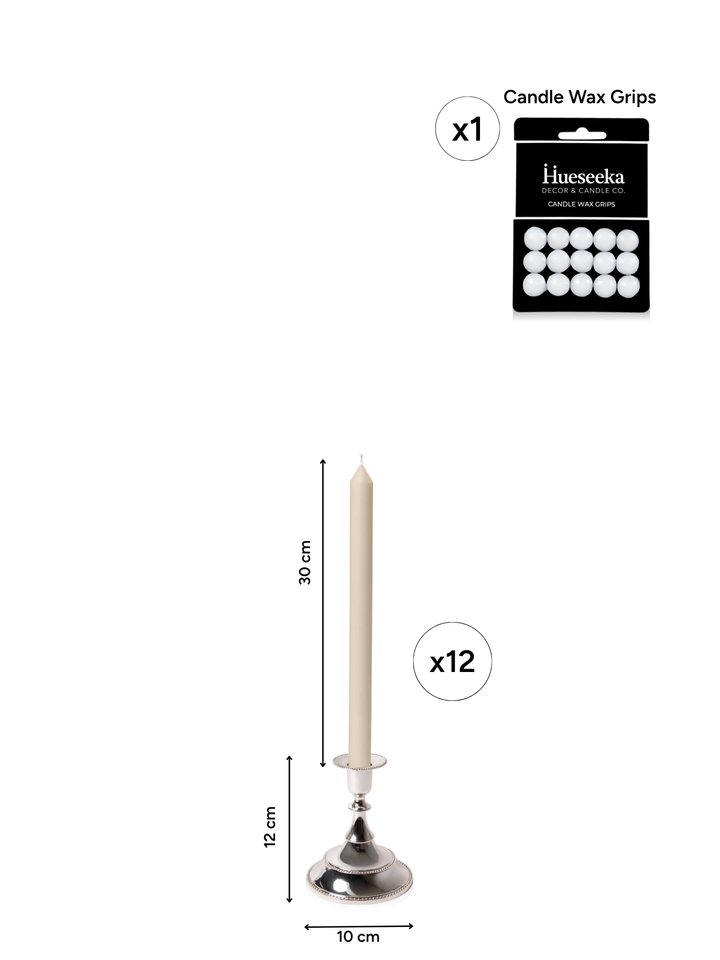 Sandstone 30cm Dinner Candles with Small Antique Silver Juliette Candle Holders - Set of 12 Pack of 12