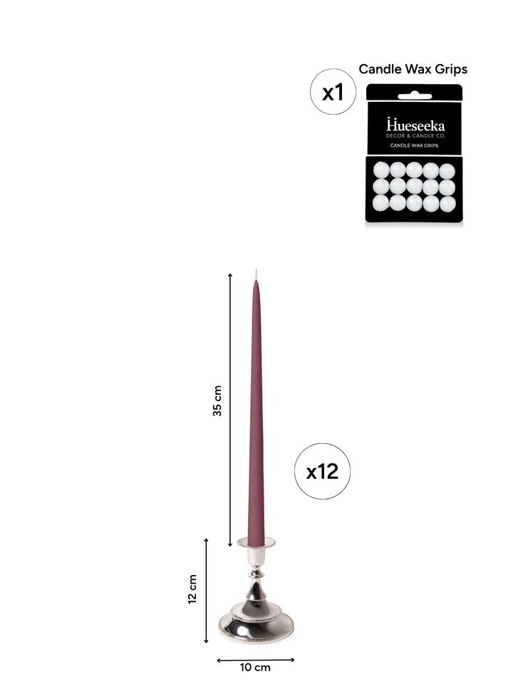 Burgundy 35cm Taper Candles with Small Antique Silver Juliette Candle Holders - Set of 12 Pack of 12