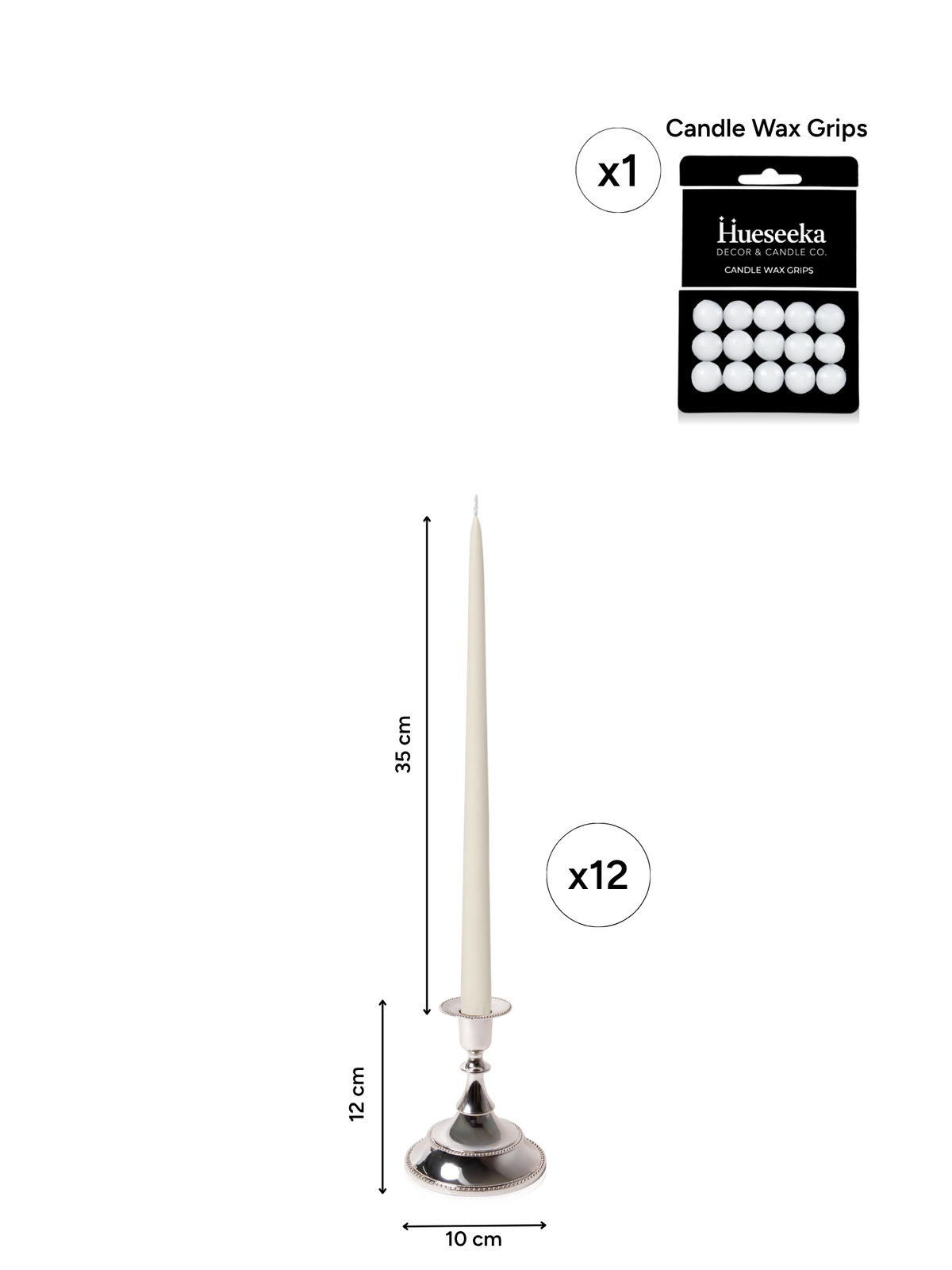 Ivory 35cm Taper Candles with Small Antique Silver Juliette Candle Holders - Set of 12 Pack of 12