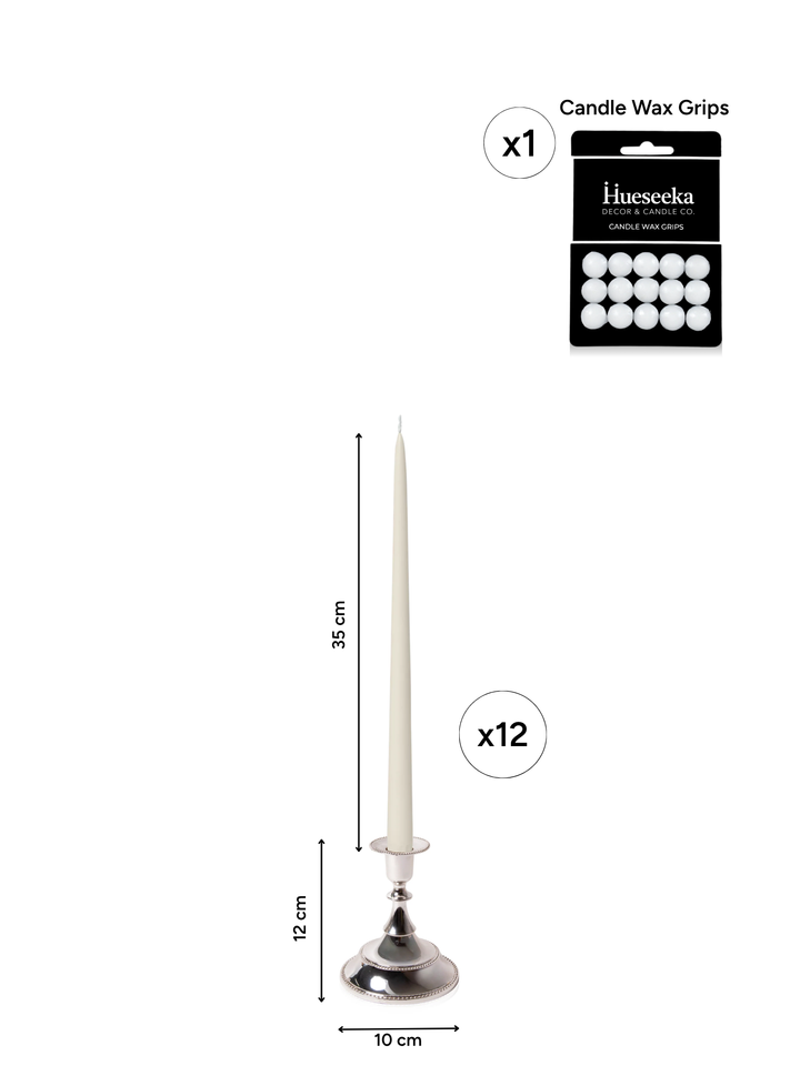 Ivory 35cm Taper Candles with Small Antique Silver Juliette Candle Holders - Set of 12 Pack of 12