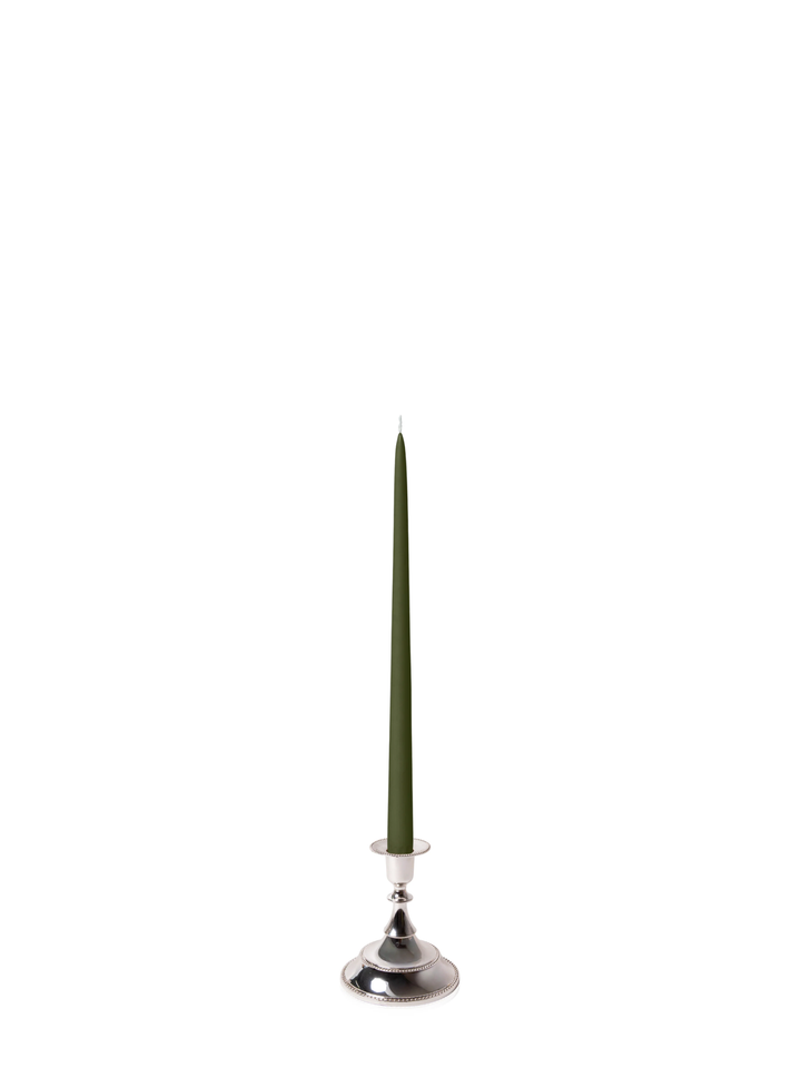 Olive 35cm Taper Candles with Small Antique Silver Juliette Candle Holders - Set of 12 Pack of 12