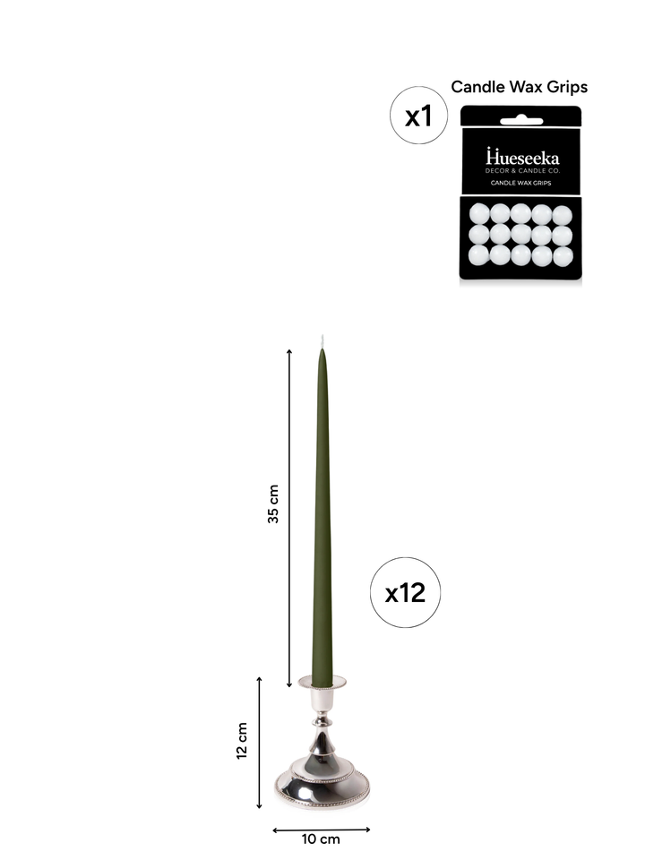 Olive 35cm Taper Candles with Small Antique Silver Juliette Candle Holders - Set of 12 Pack of 12