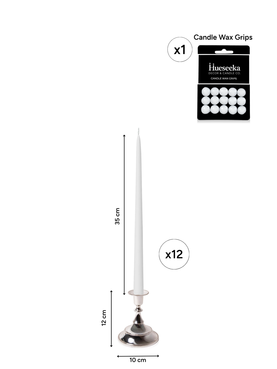 White 35cm Taper Candles with Small Antique Silver Juliette Candle Holders - Set of 12 Pack of 12