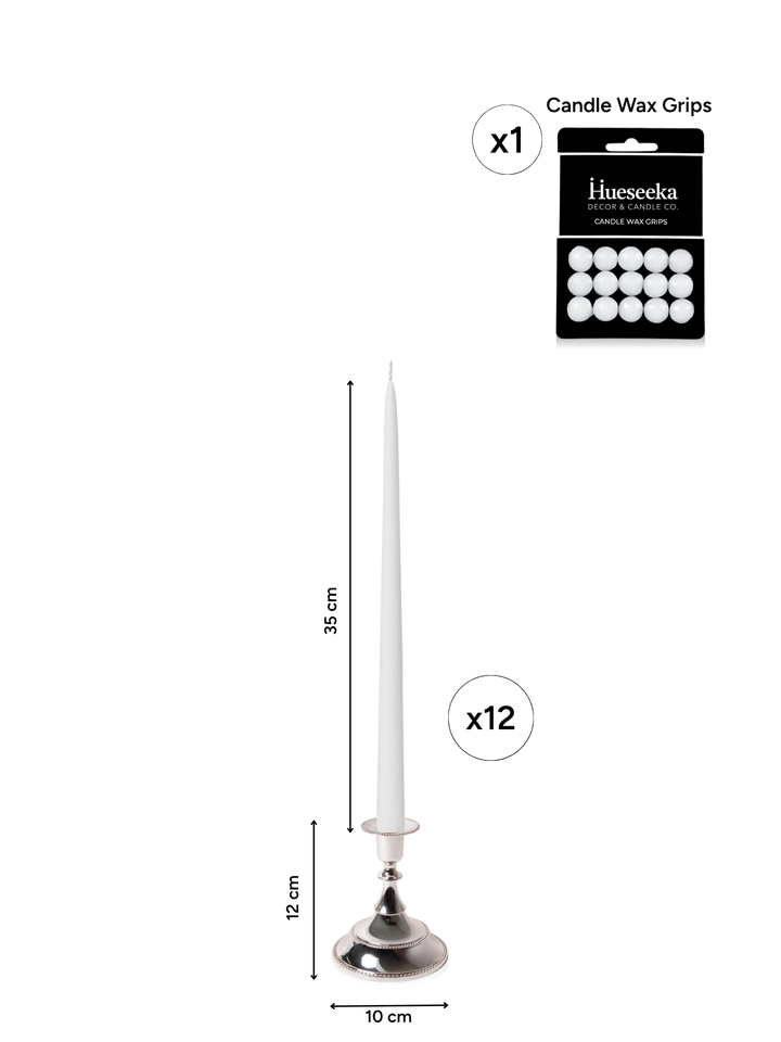White 35cm Taper Candles with Small Antique Silver Juliette Candle Holders - Set of 12 Pack of 12