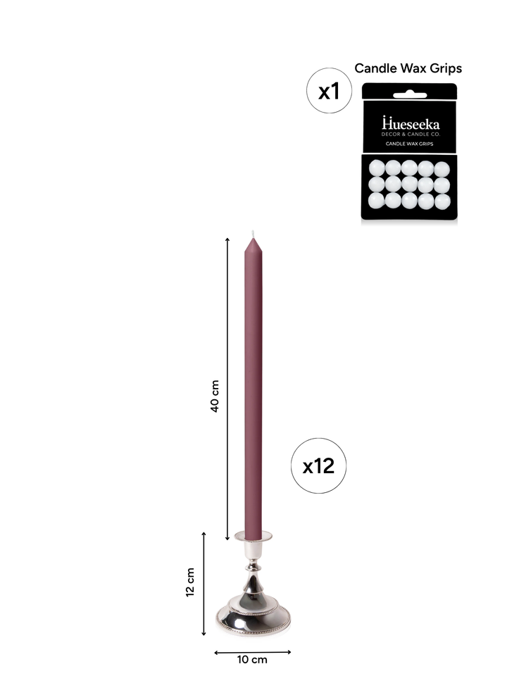 Burgundy 40cm Dinner Candles with Small Antique Silver Juliette Candle Holders - Set of 12 Pack of 12