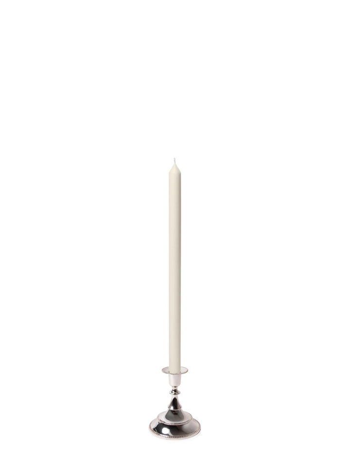 Ivory 40cm Dinner Candles with Small Antique Silver Juliette Candle Holders - Set of 12 Pack of 12