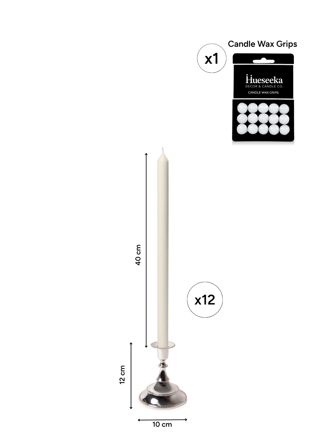 Ivory 40cm Dinner Candles with Small Antique Silver Juliette Candle Holders - Set of 12 Pack of 12