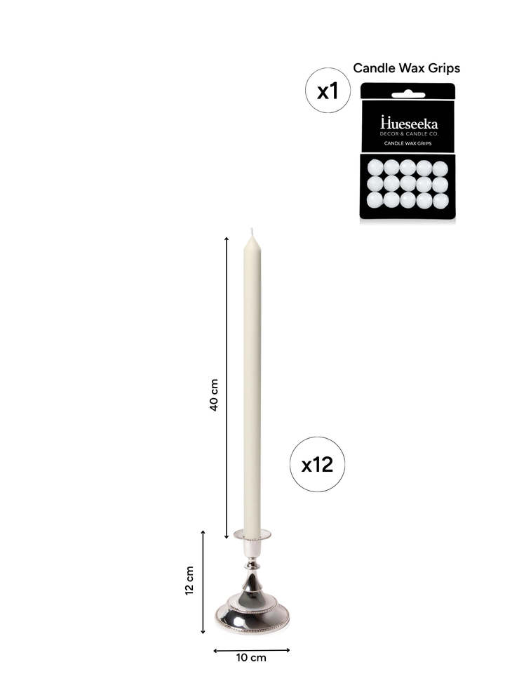 Ivory 40cm Dinner Candles with Small Antique Silver Juliette Candle Holders - Set of 12 Pack of 12