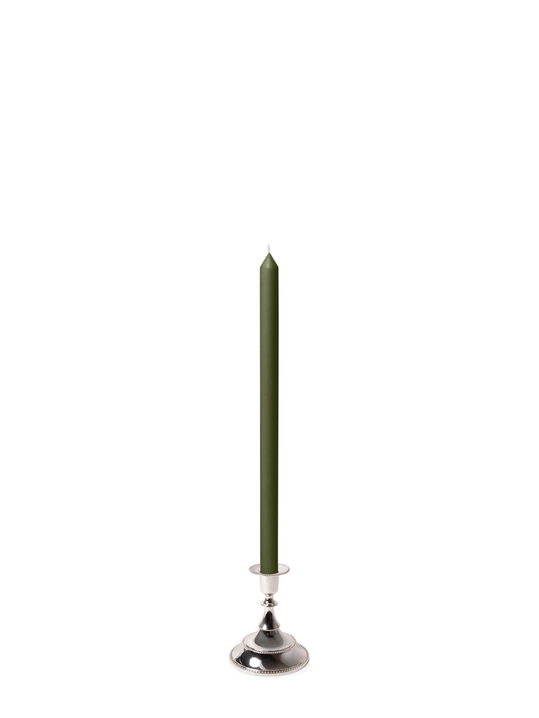 Olive 40cm Dinner Candles with Small Antique Silver Juliette Candle Holders - Set of 12 Pack of 12
