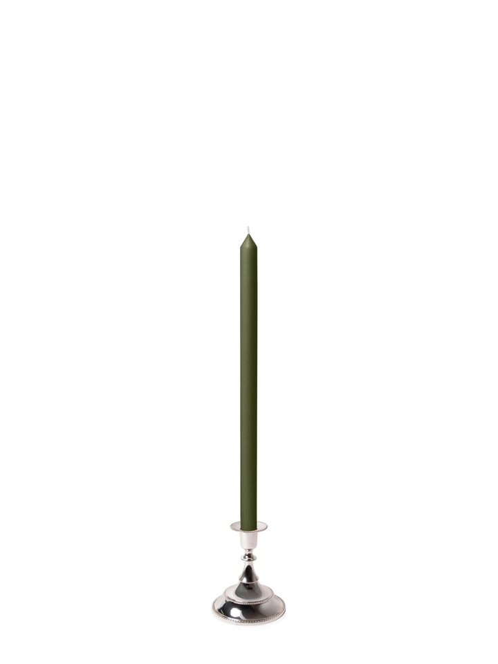 Olive 40cm Dinner Candles with Small Antique Silver Juliette Candle Holders - Set of 12 Pack of 12