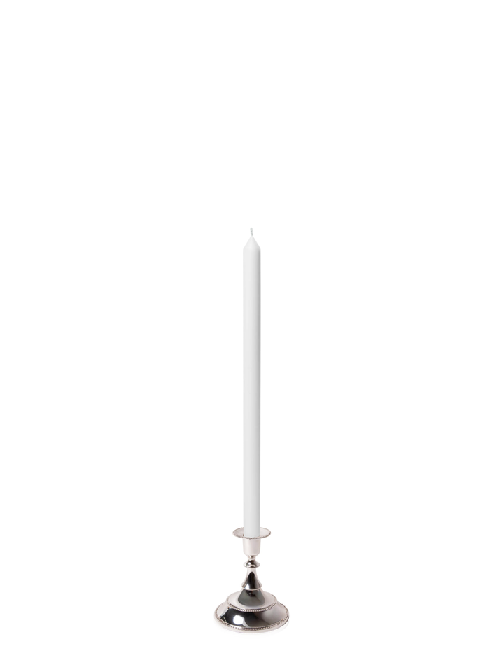 White 40cm Dinner Candles with Small Antique Silver Juliette Candle Holders - Set of 12 Pack of 12