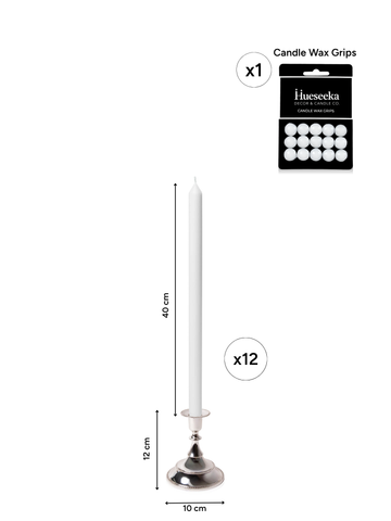 White 40cm Dinner Candles with Small Antique Silver Juliette Candle Holders - Set of 12 Pack of 12