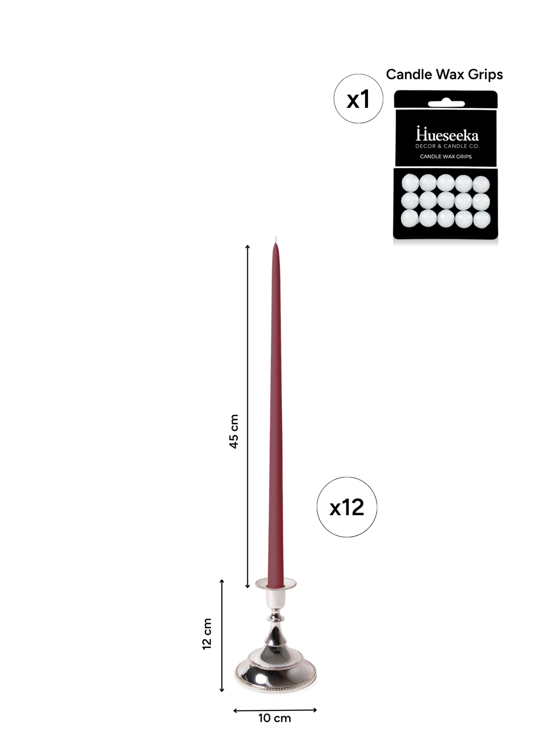 Burgundy 45cm Taper Candles with Small Antique Silver Juliette Candle Holders - Set of 6 Pack of 6