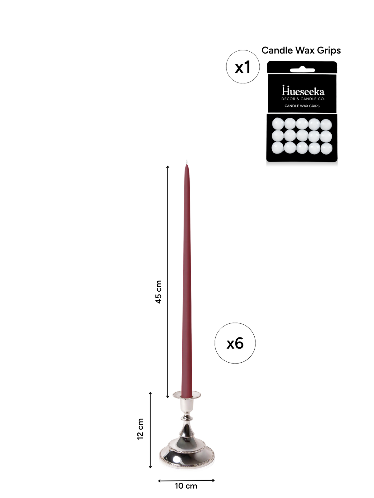 Burgundy 45cm Taper Candles with Small Antique Silver Juliette Candle Holders - Set of 6