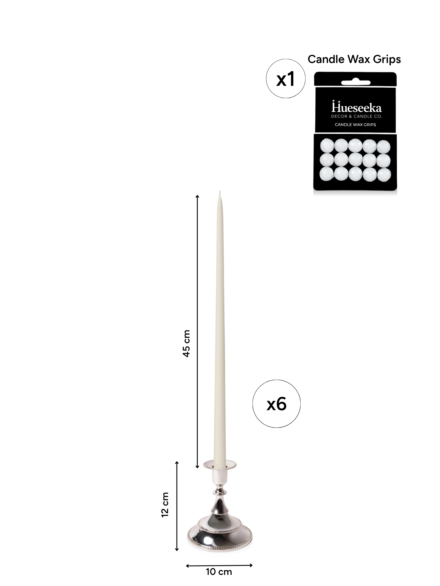 Ivory 45cm Taper Candles with Small Antique Silver Juliette Candle Holders - Set of 6