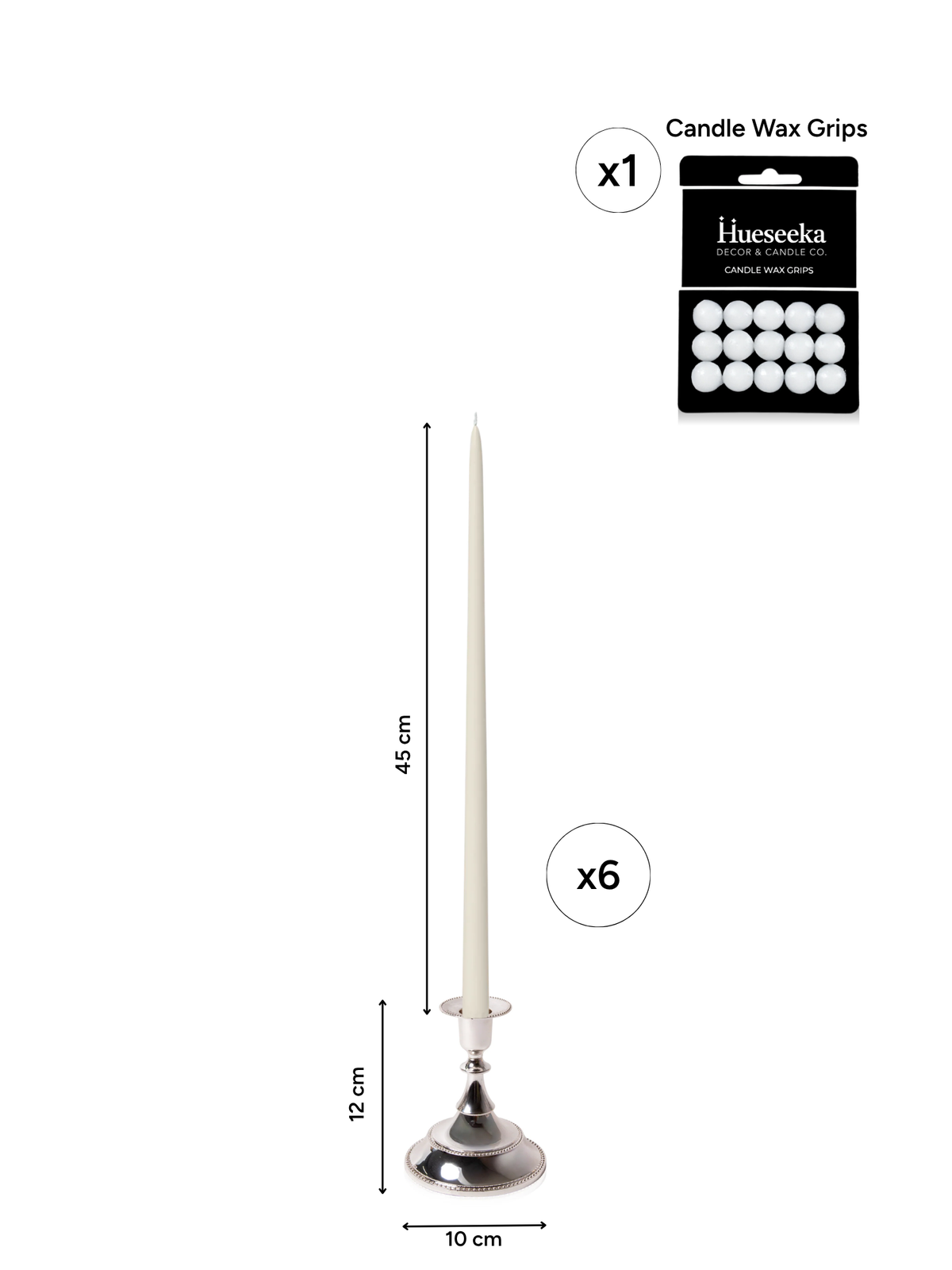 Ivory 45cm Taper Candles with Small Antique Silver Juliette Candle Holders - Set of 6