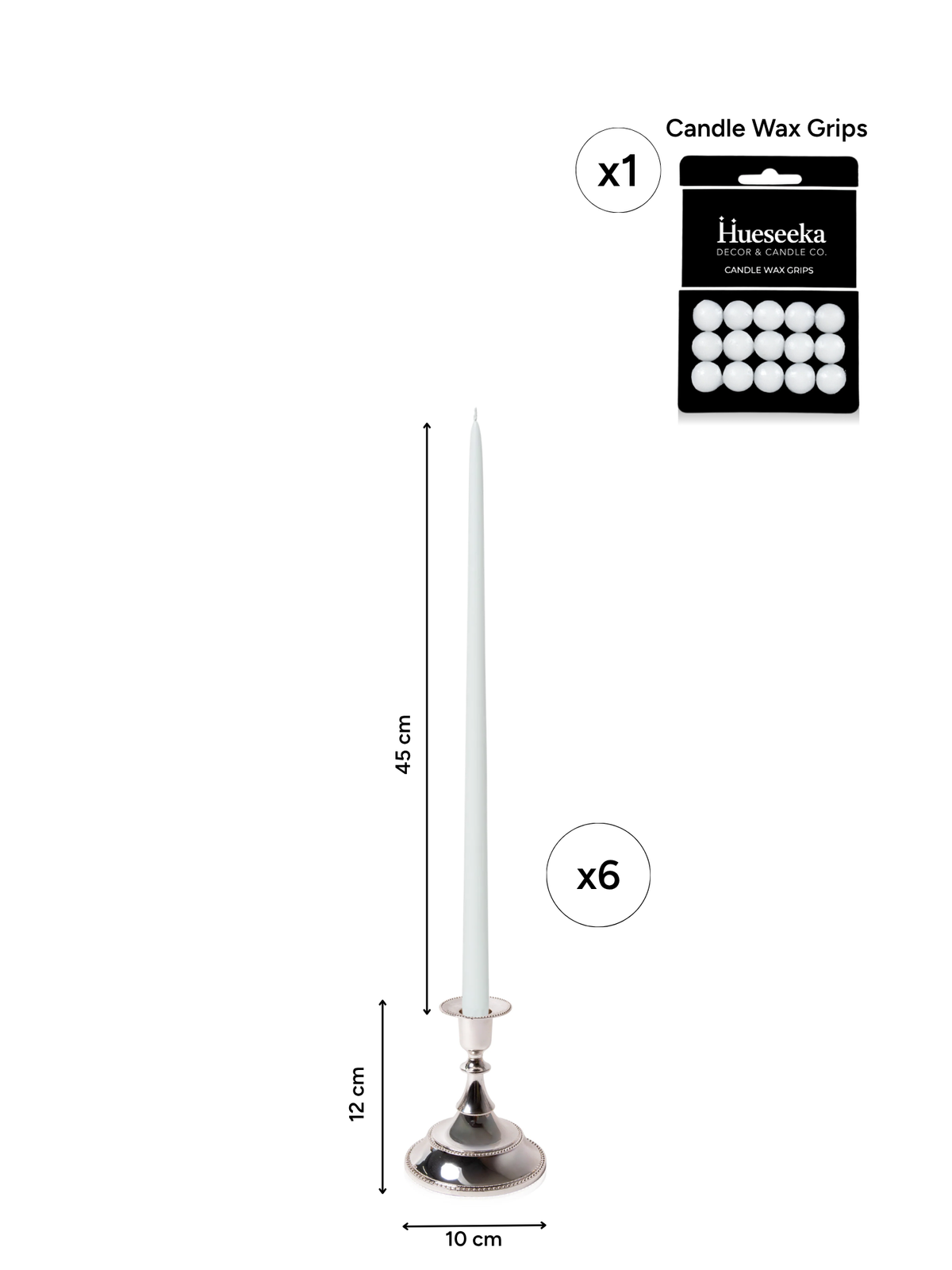 White 45cm Taper Candles with Small Antique Silver Juliette Candle Holders - Set of 6