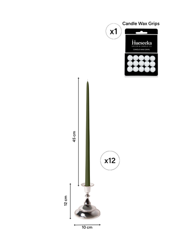 Olive 45cm Taper Candles with Small Antique Silver Juliette Candle Holders - Set of 6 Pack of 6